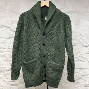 Flint And Tinder Aran Cable Knit Cardigan Sweater Shawl Collar Fisherman Heavy